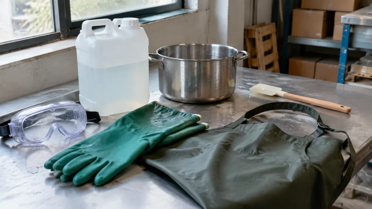 Goggles, gloves, apron and lye mixing jug laid out near an open window