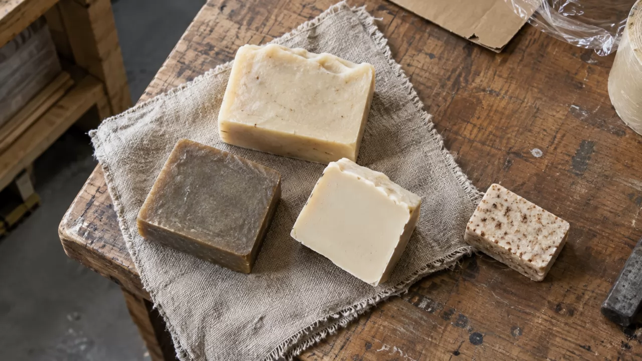 Schlichte Seifenstücke und ein Stück mit Peeling-Körnern nebeneinander auf Leinen